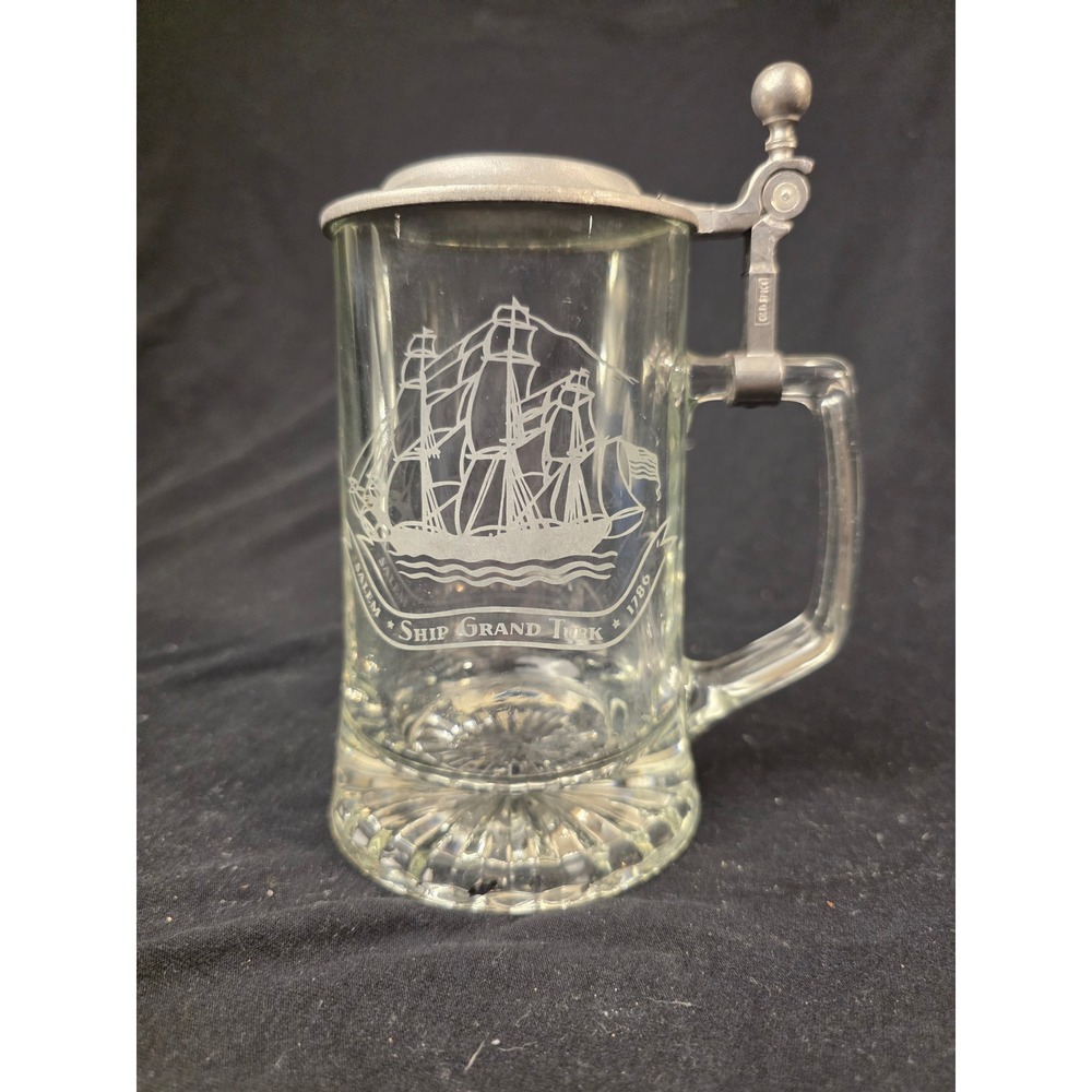 Vintage‎ ALWE W Germany Glass Beer Stein Ship Grand Turk Salem 1786 Pewter Lid